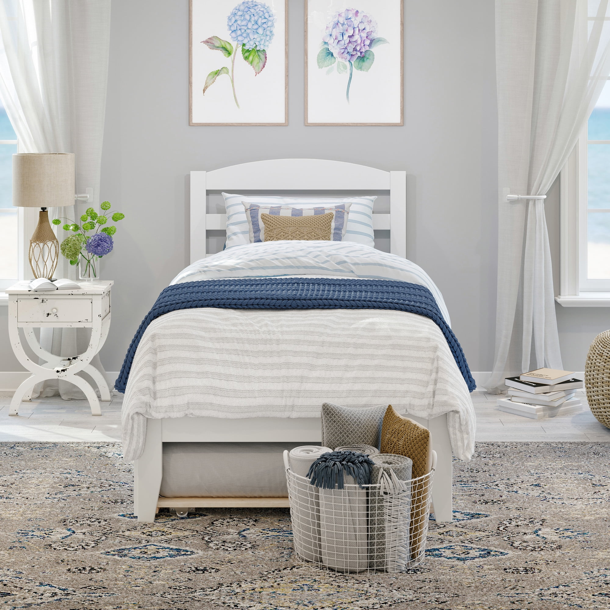 AFI Warren 14" Twin XL Wood Platform Bed Frame with Twin XL Trundle, White