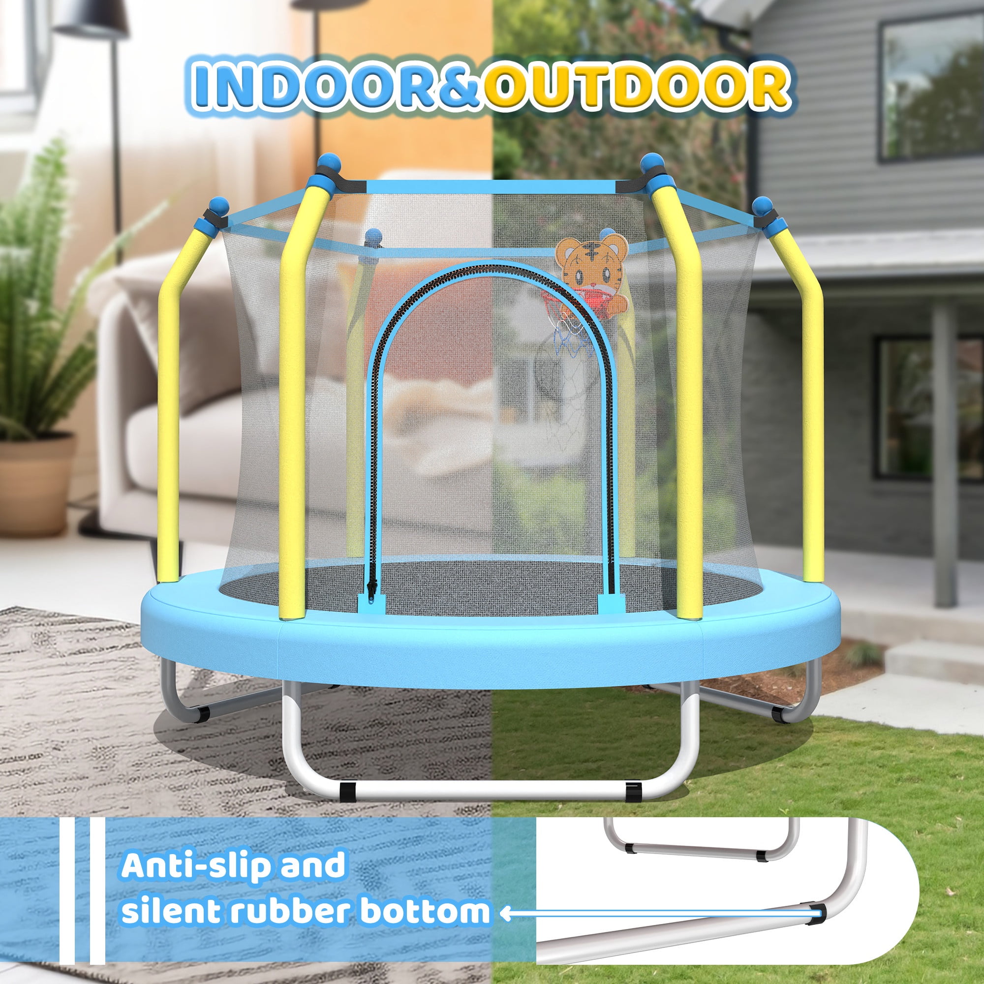 55" Trampoline with Enclosure for Kids, SEGMART Indoor Outdoor Toddler Trampoline with Basketball, Indoor Outdoor Kids Trampoline with Basketball Hoop, Small Round Trampoline for Boys Girls
