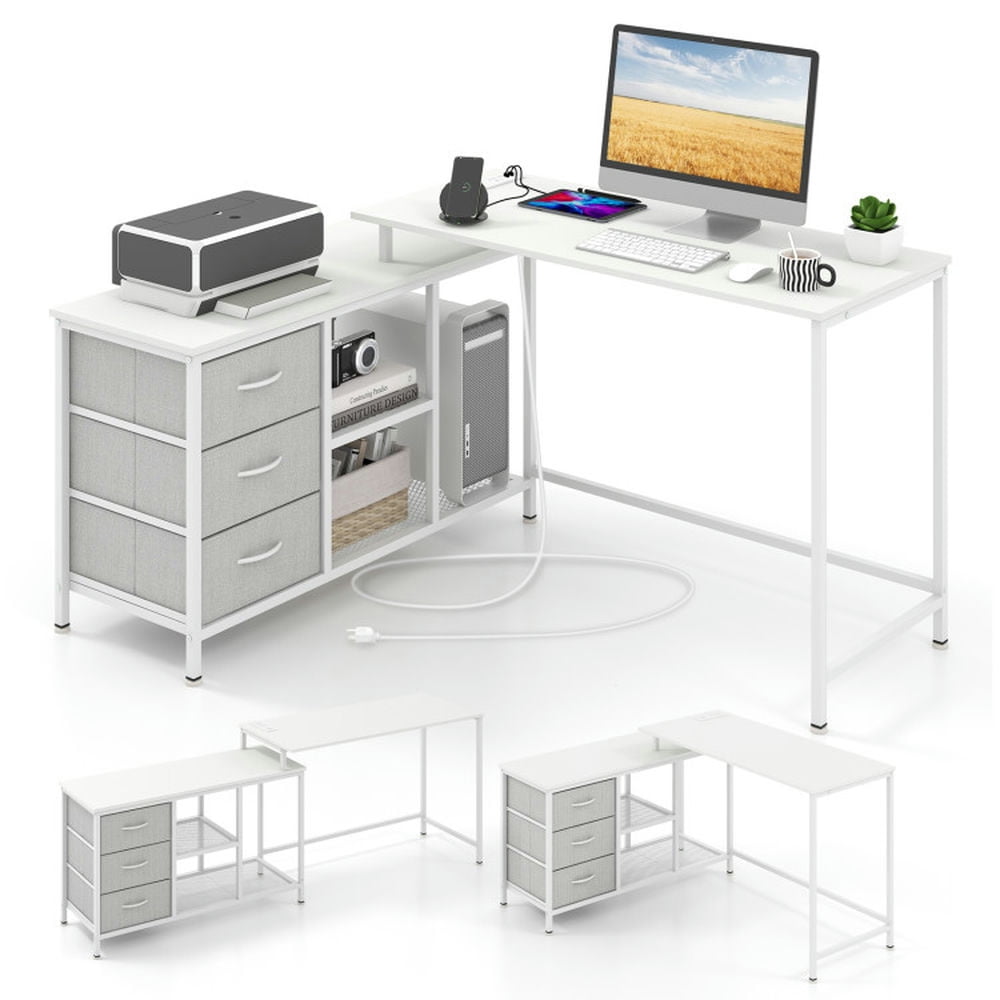 GVN L-shaped Computer Desk with Power Outlet for Working Studying Gaming-White, Desk for Bedroom, Gaming Computer Desks for Study,Working,Writing GVN L-shaped Computer Desk with Power Outlet for Working Studying Gaming-White, Desk for Bedroom, Gaming Computer Desks for Study,Working,Writing