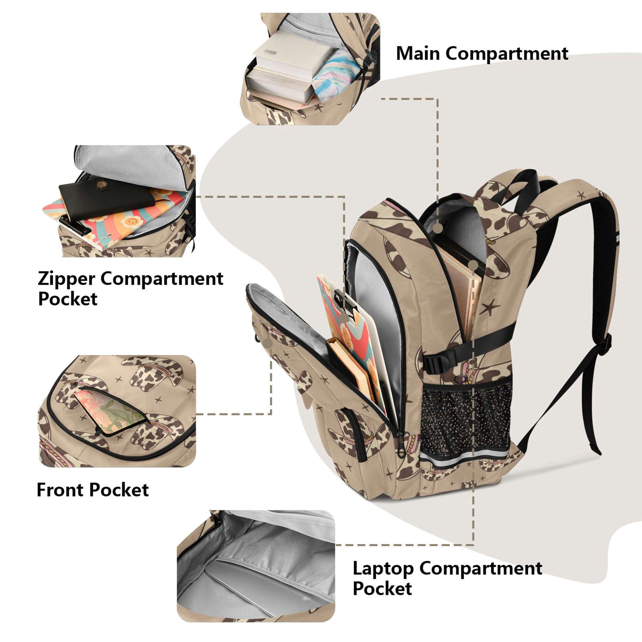 DIXRUYEE Retro Cowboy Hats with Cow Print Wild West Backpack for School 14”Laptop Compatible with Reflective Safety Strips