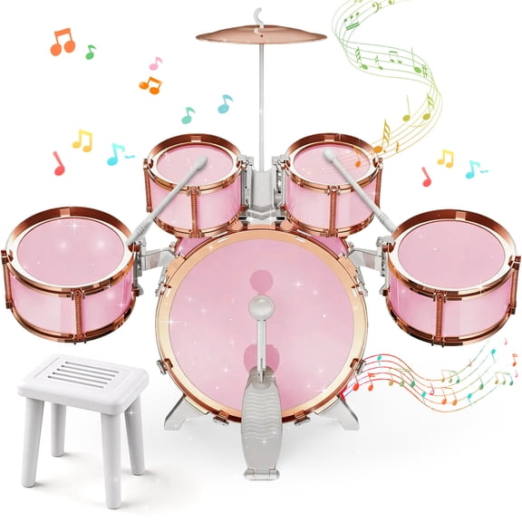 Chuvikid Upgraded Toddler Jazz Drum Set,Musical Kid Drum Set with Stool,Pedal & Drumsticks,Musical Instruments Toy Gifts for 3-8 Boys Girls(Pink)