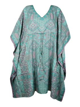 Mogul Women Aqua Blue Mid Calf Caftan Printed Kimono Sleeves Resort Wear Dress 3XL
