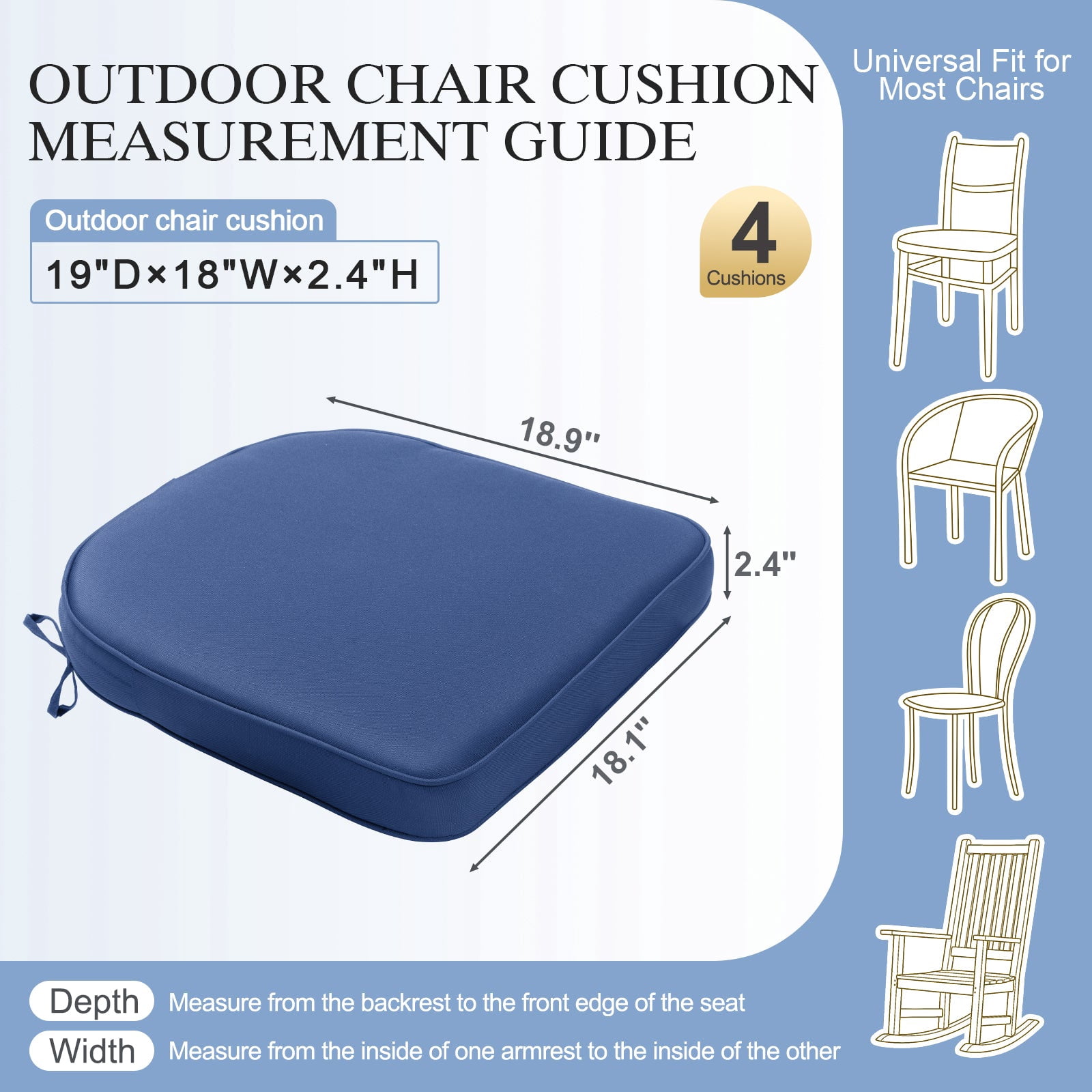 BPS 18" x 19" Outdoor Chair Cushion, Fade Resistant Patio Seat Cushion Pads with Ties, Set of 4 - Dark Blue