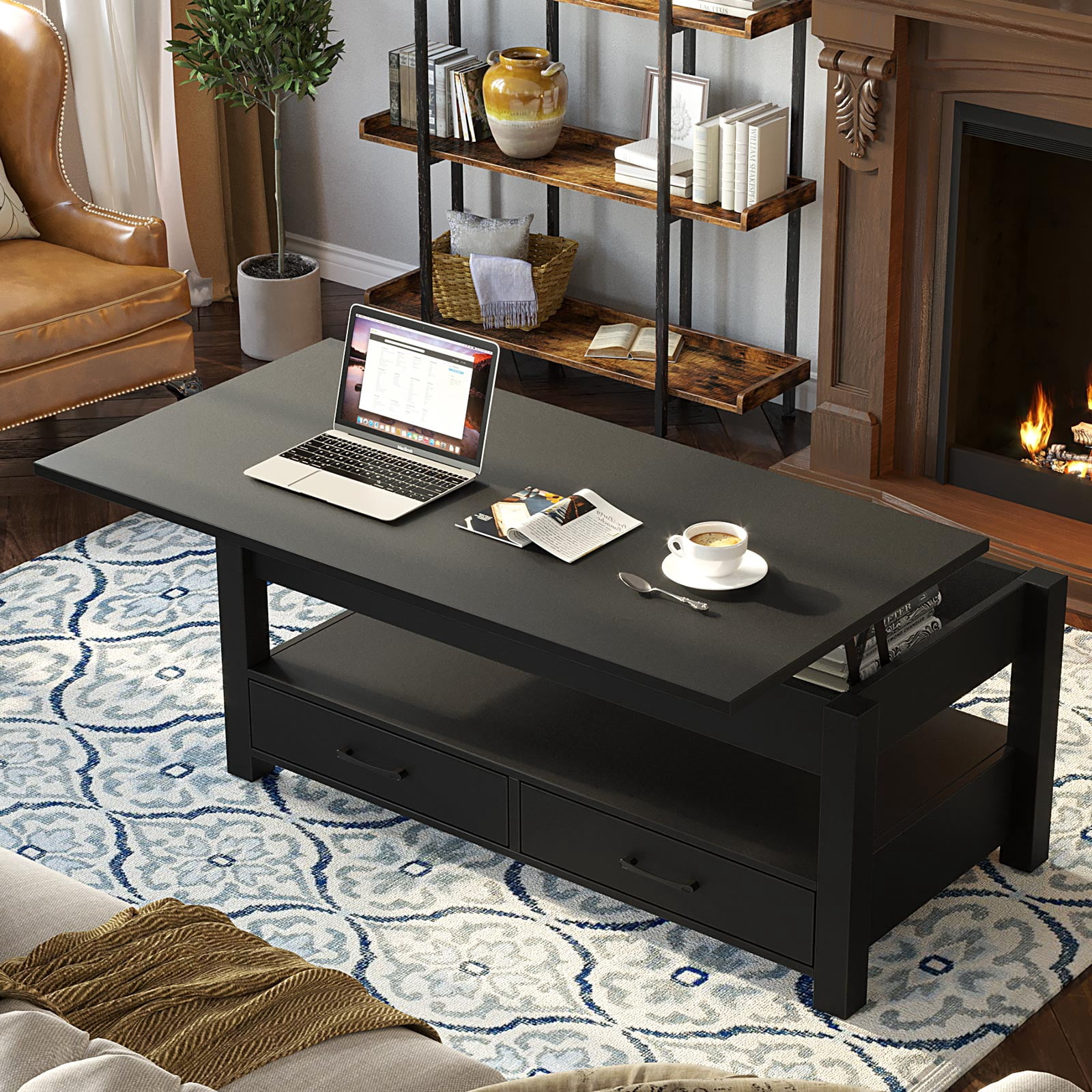 Greenstell Coffee Table, 41.7" Lift Top Coffee Table with Drawers and Hidden Compartment, Black