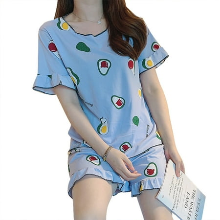 

Women Plus Size Summer Short Sleeve 2 Piece Pajamas Set Cartoon Puppy Orange Avocado Print Sleepwear Ruffles Loose Loungewear L/XL