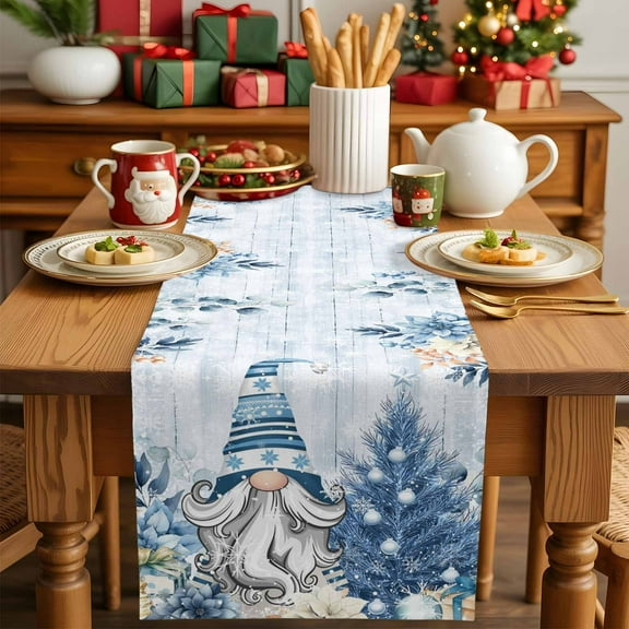 Christmas Tree Gnome Table Runner 13x36in Non-Slip Cotton Linen Table Runners, Eucalyptus Leaves on Blue Wood Dresser Scarves TableRunner for Dinner Kitchen Dining Wedding Party
