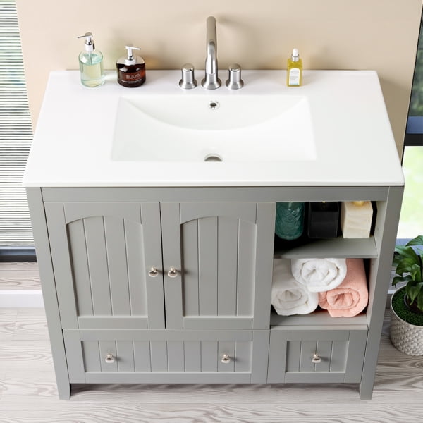 Modern Gray MDF Double Door Double Drawer Bathroom Vanity Cabinet with Decorative Strips, Without a Basin, 36"W x 18"D x 32"H for Bathroom Storage