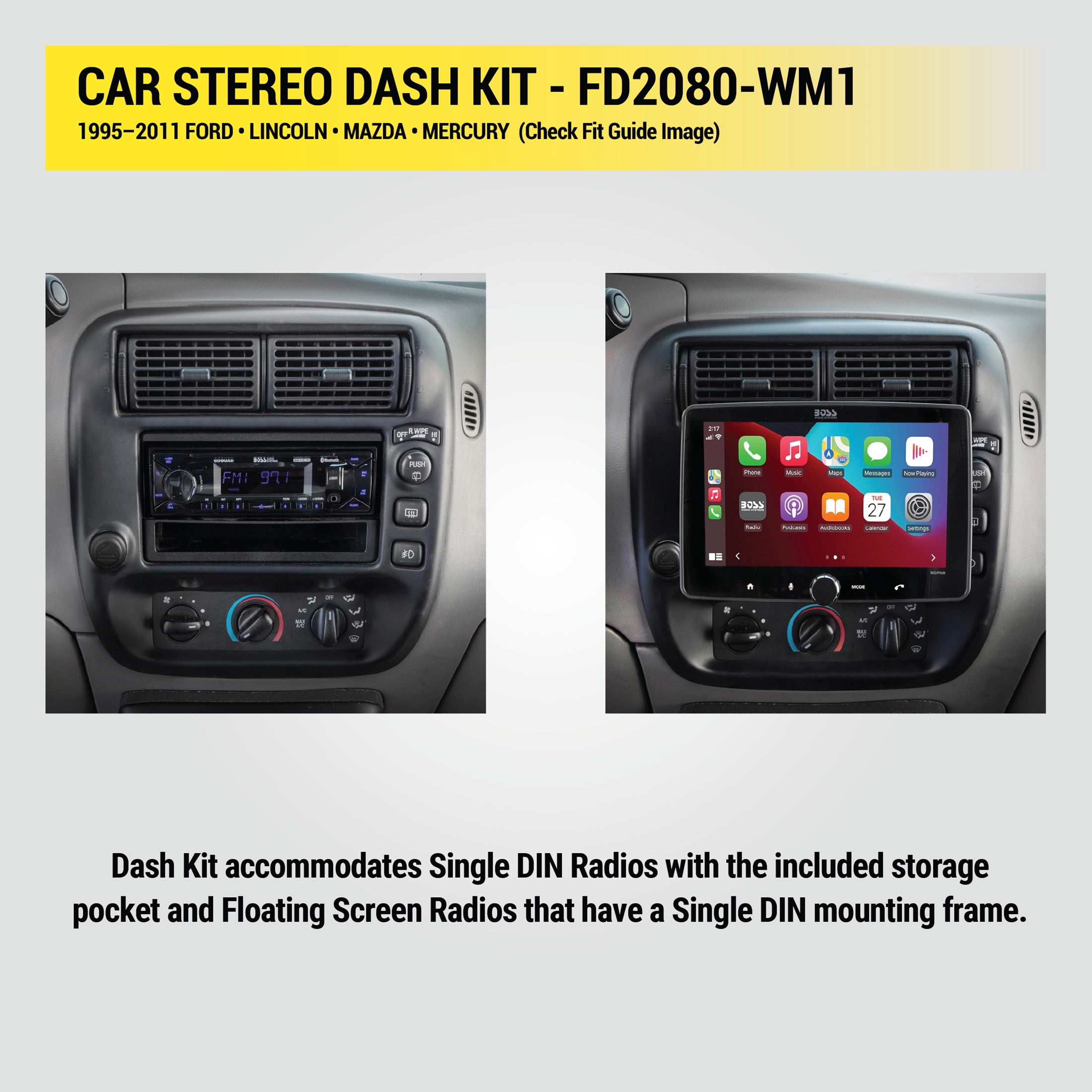 Scosche Single DIN Dash Kit & Pocket Compatible w/ '95-11 Ford/Lincoln/Mazda/Mercury FD2080-WM1