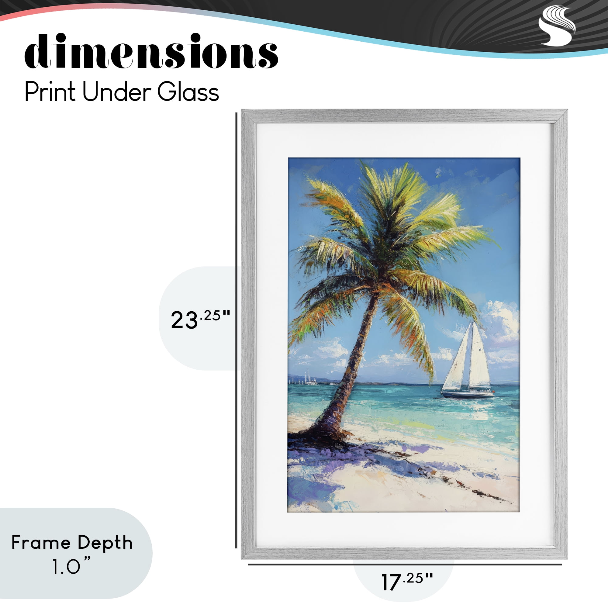 Stupell Industries Palms & Sails Beach View Gray Framed Print Under Glass, design by Petal Prints Design