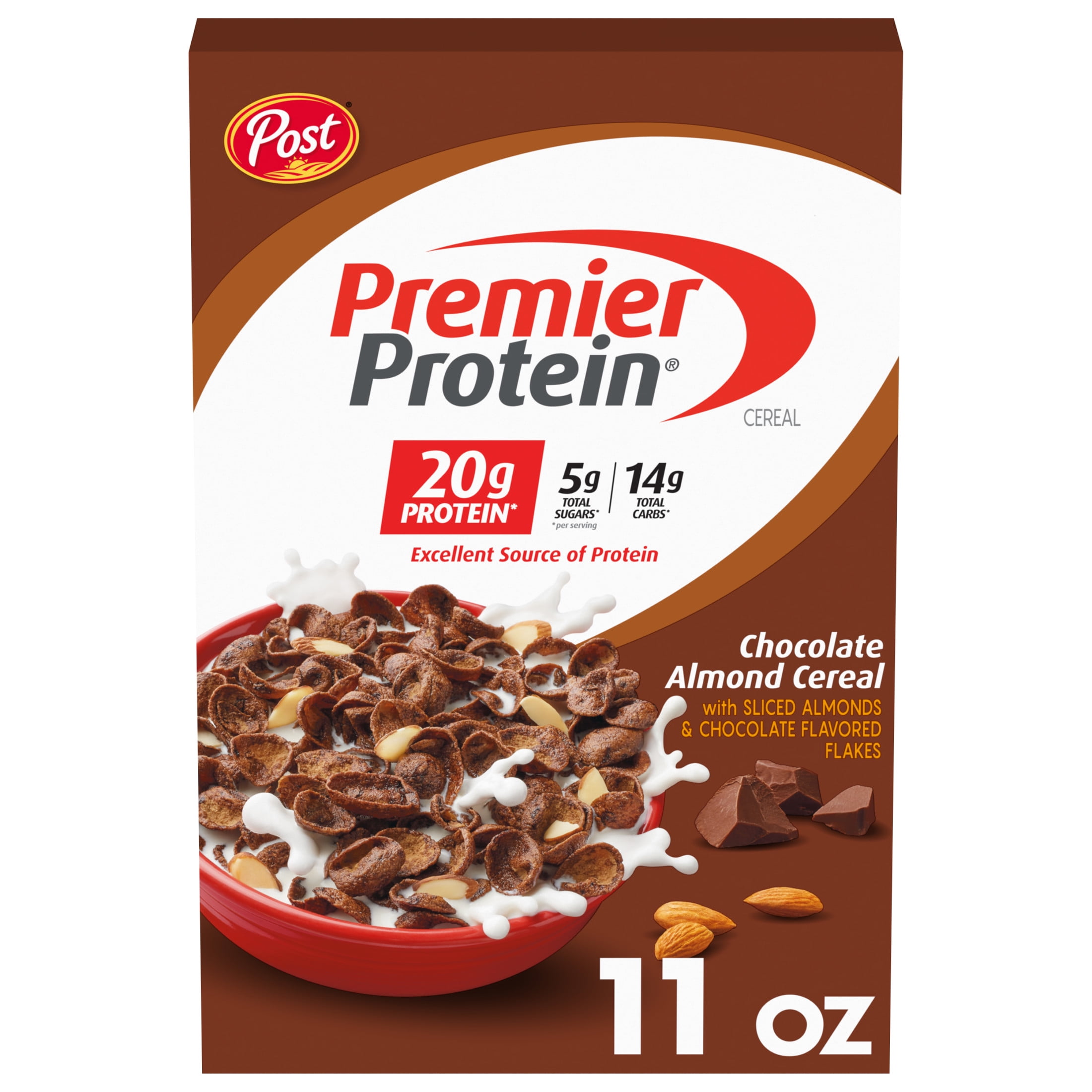 (2 pack) Post Premier Protein Chocolate Almond Cereal, Chocolatey Protein Cereal, Crunchy 11 oz Box