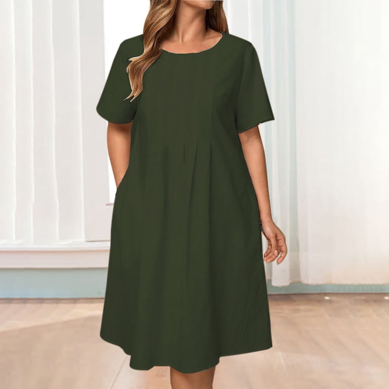 Blmnix Mid-Length Summer Dress Fit & Flare Pleated Dress Elegant Nightgown  Crew Neck Short Sleeve White Slip Dress for Women,L