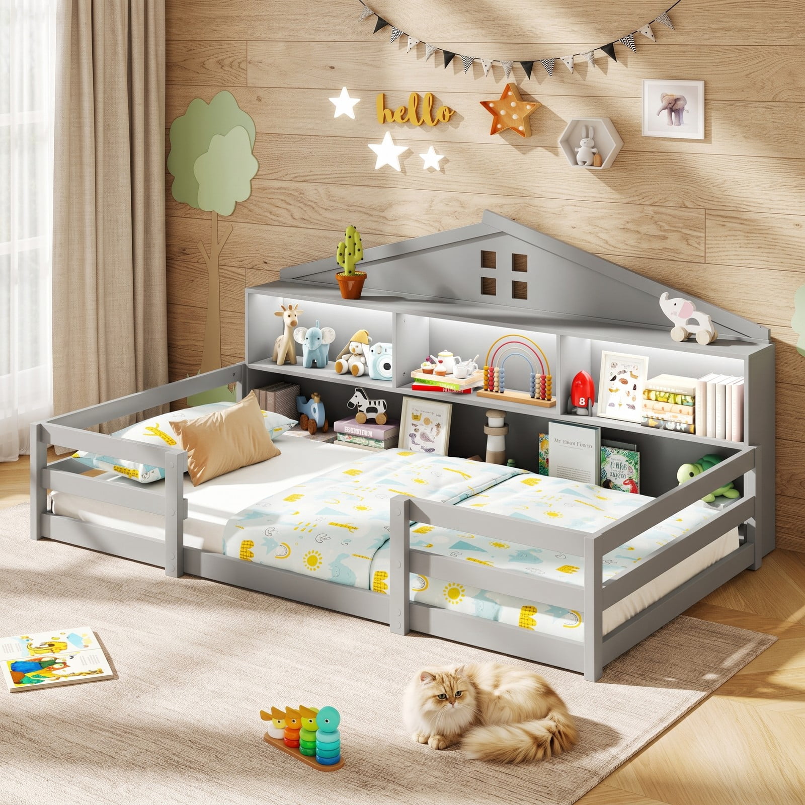 Furnibear Twin Bed Frame Montessori Floor Bed with House Headboard and Storage Shelf, Kids Room Floor Bed Frame with Headboard, Gray