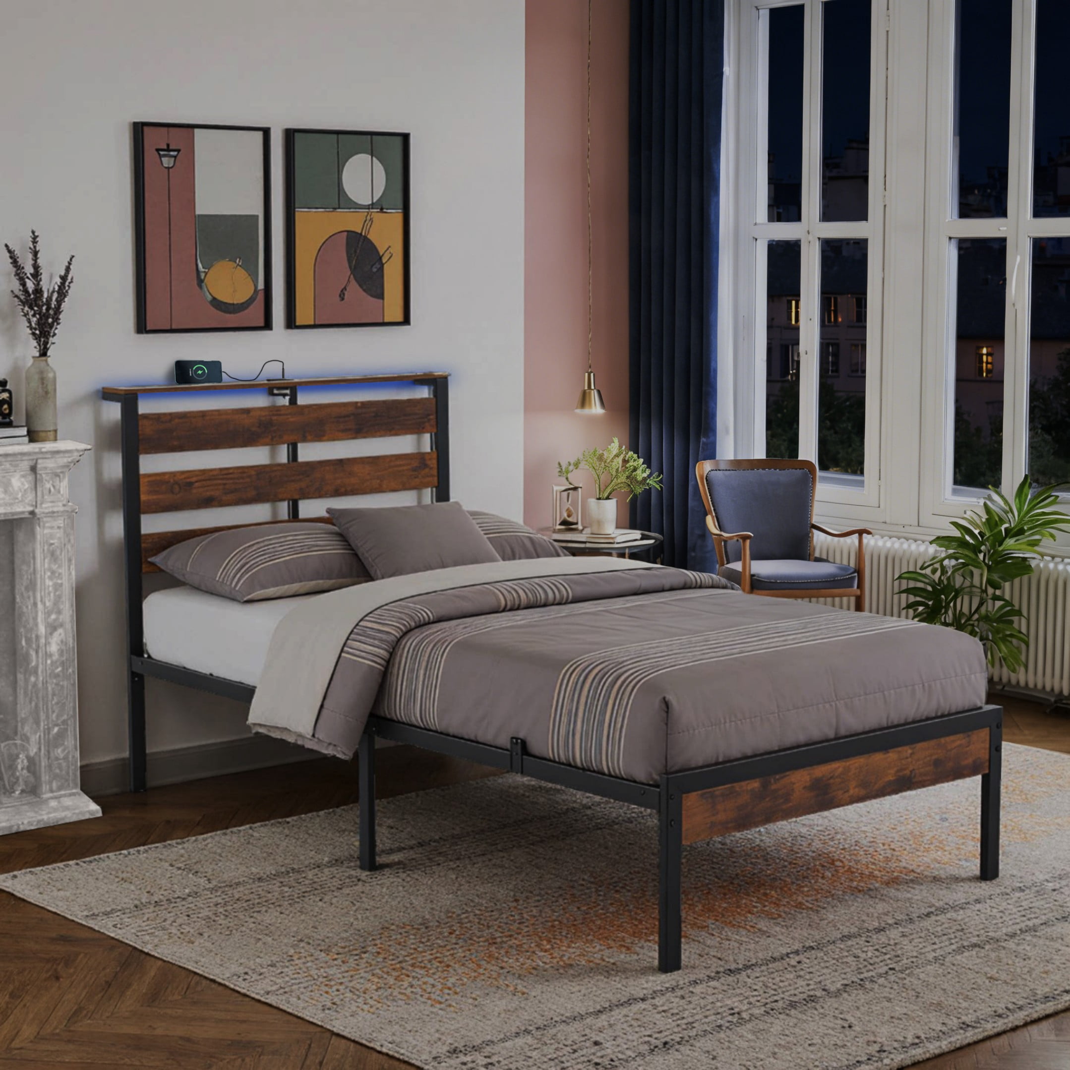 BSHTI Twin Size LED Bed Frame with Metal Frame, RGB Lights & Storage Headboard, No Box Spring Needed, Under-Bed Storage, for Bedroom, Dorm, or Guest Room，Rustic Brown