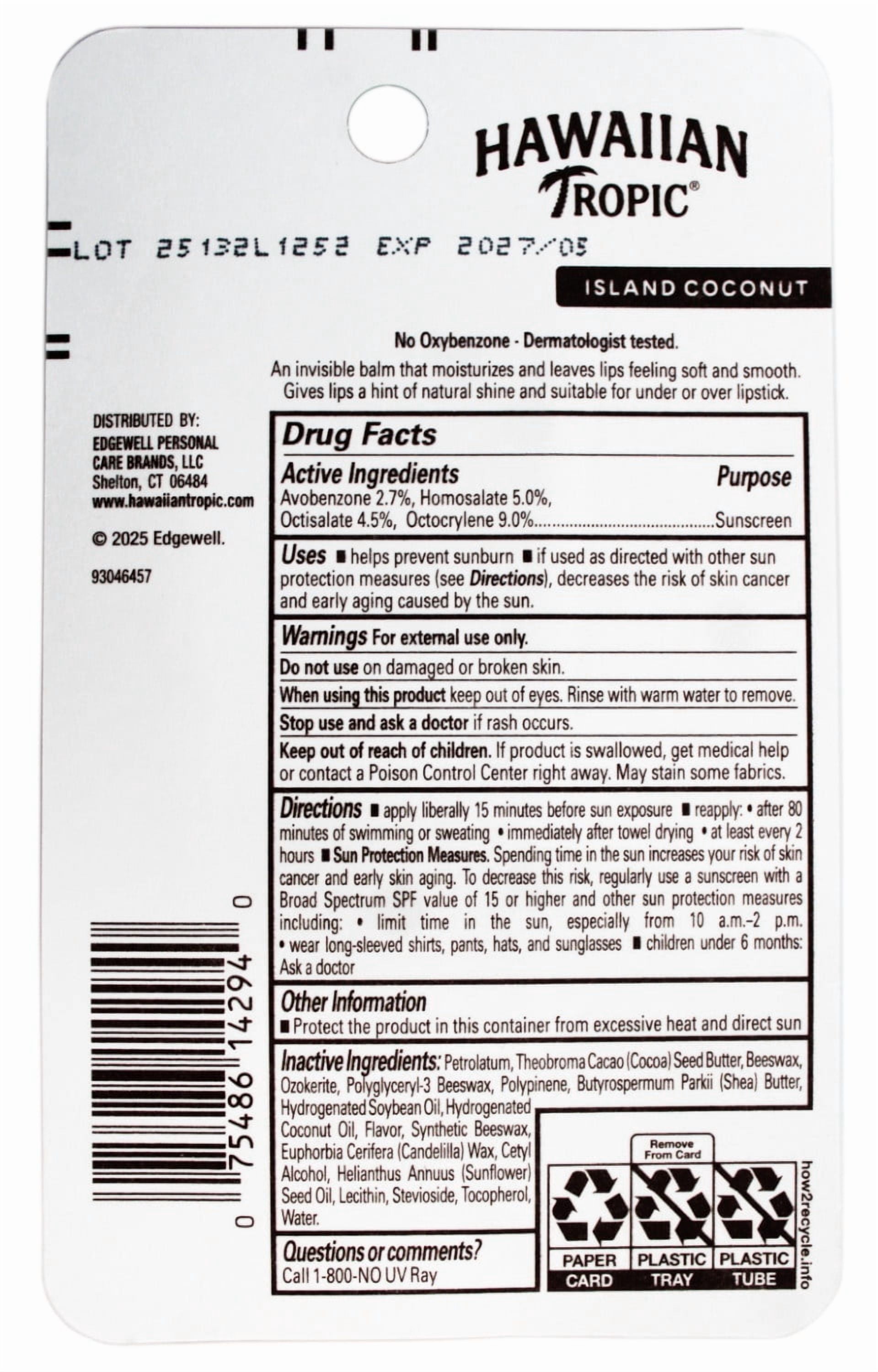 4 Pack - Hawaiian Tropic Sunscreen Lip Balm with Vitamin E & Shea Butter, Water Resistant 80 Minutes, SPF 30, Island Coconut, 0.35 OZ