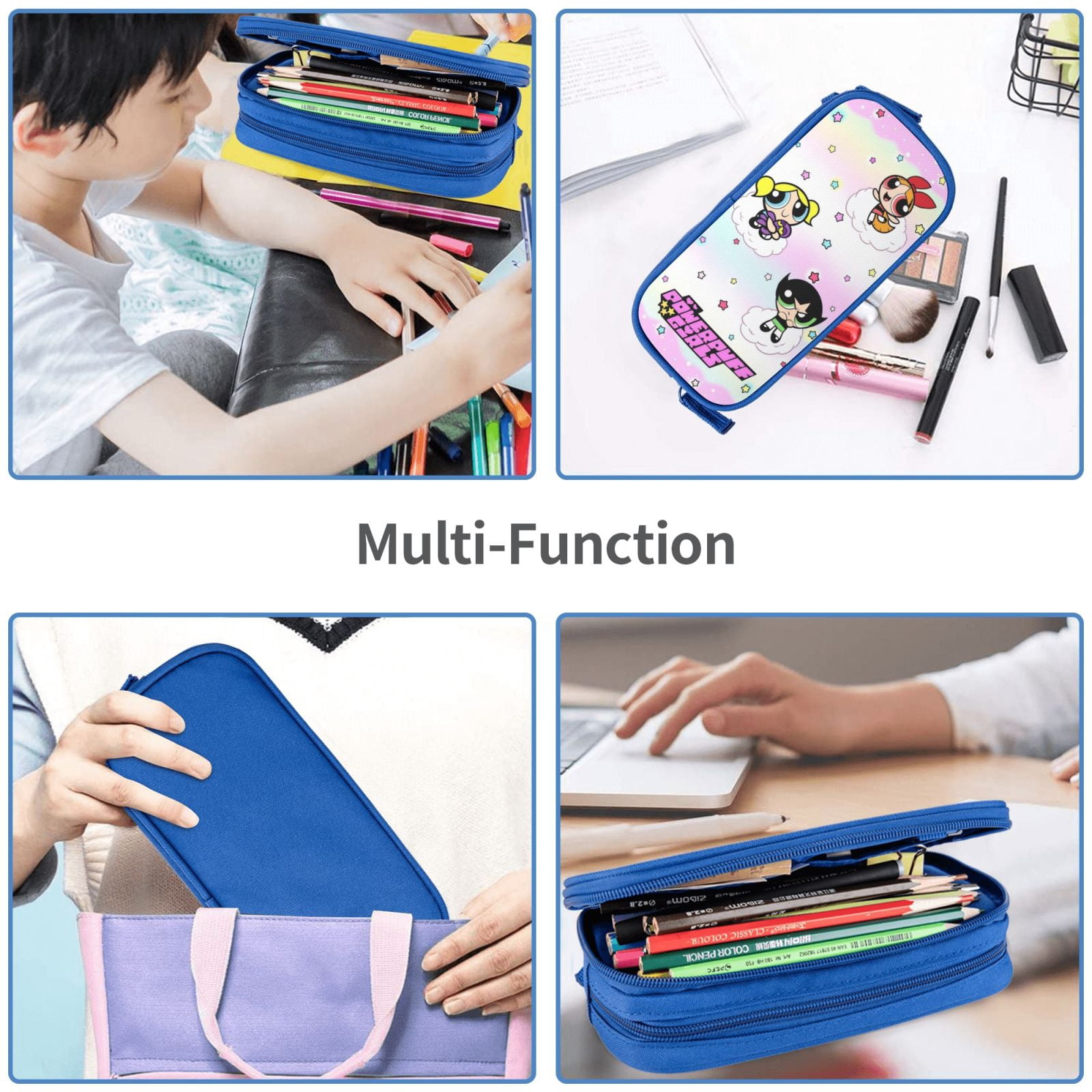 The Powerpuff Gi-rls Pencil Case Large Capacity Pencil Pouch Penbag Office Stationery Organizer Travel Makeup Bag Blue