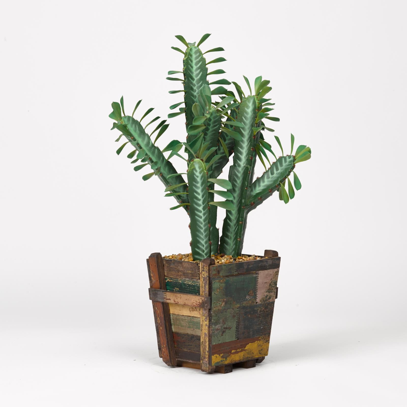 D and W Silks Artificial Cactus in Square Wooden Planter