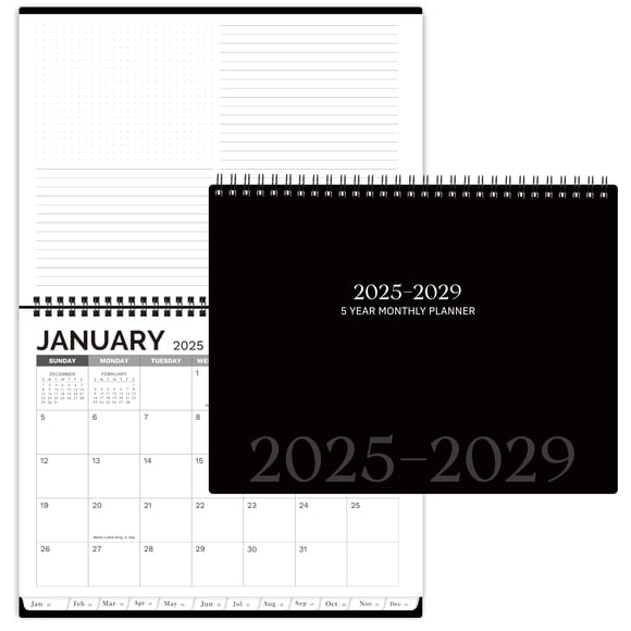 Planificador mensual Tullofa 2025-2029 con pestañas y bolsillos, color negro