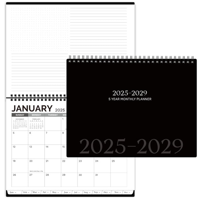 Planificador mensual Tullofa 2025-2029 con pestañas y bolsillos, color negro
