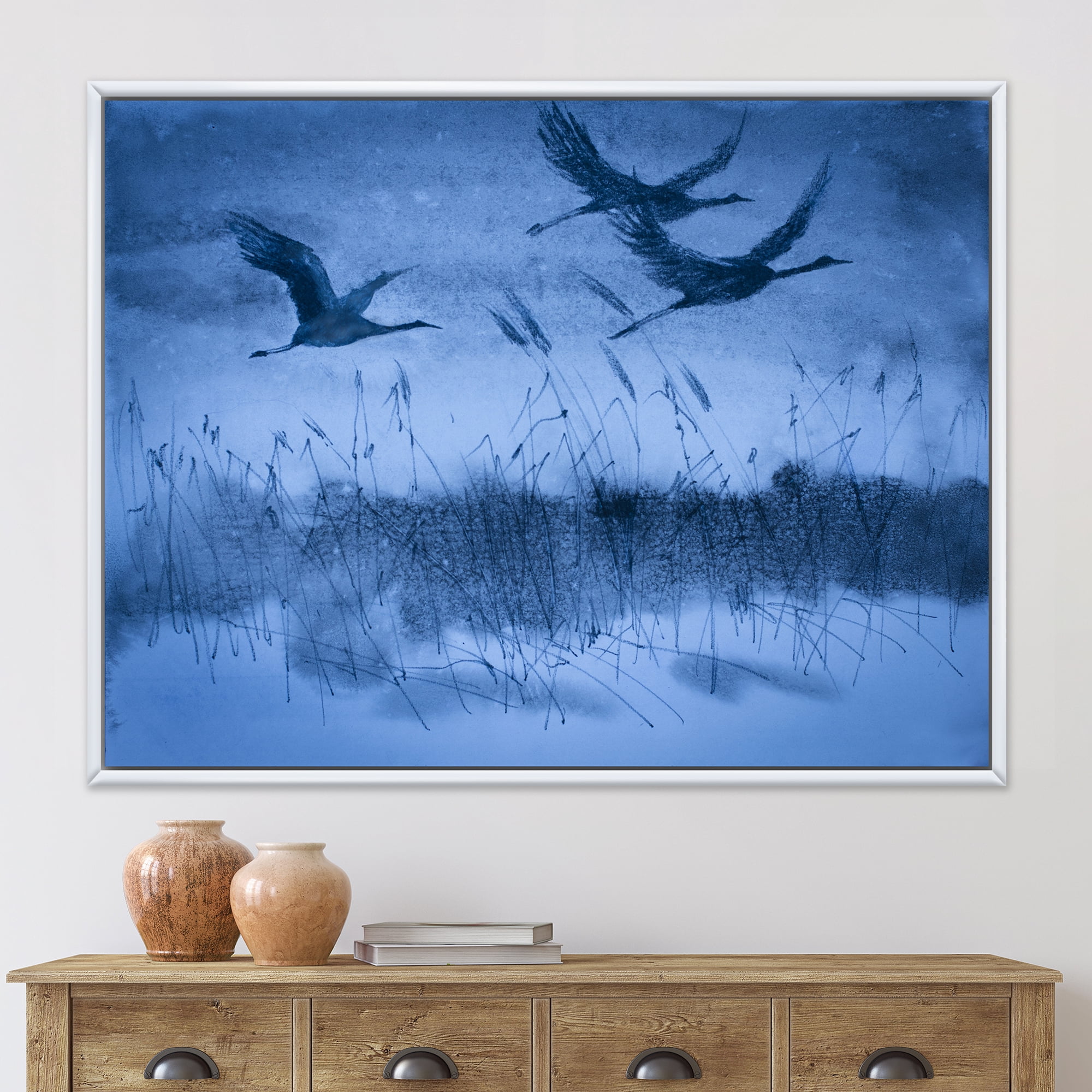 Designart 'Cranes In Flight During Blue Evening Light' Traditional Framed Canvas Wall Art Print