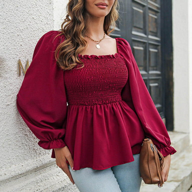 Women's Square Neck Puff Sleeve Smocked Tops Retro Long Sleeve