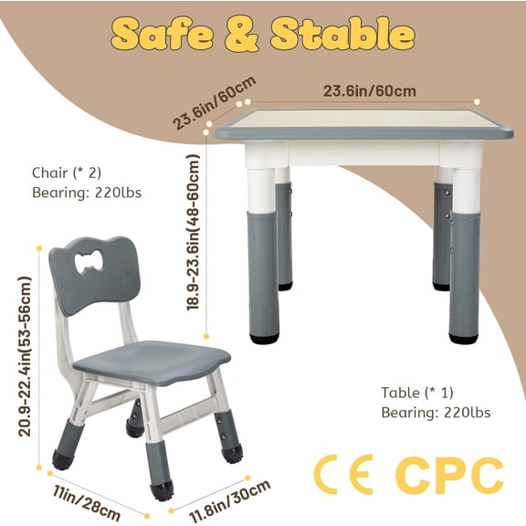 Kids Table and 2 Chairs Set Height Adjustable Toddler Furniture for Ages 3-8 Easy Wipe Arts Crafts Classroom Home Gray 3pcs