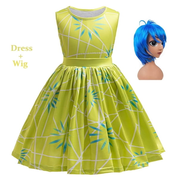 Disfraz de princesa Disney Inside Out Joy Disgust + peluca para niñas, para Halloween, carnaval, cumpleaños, disfraces de felicidad