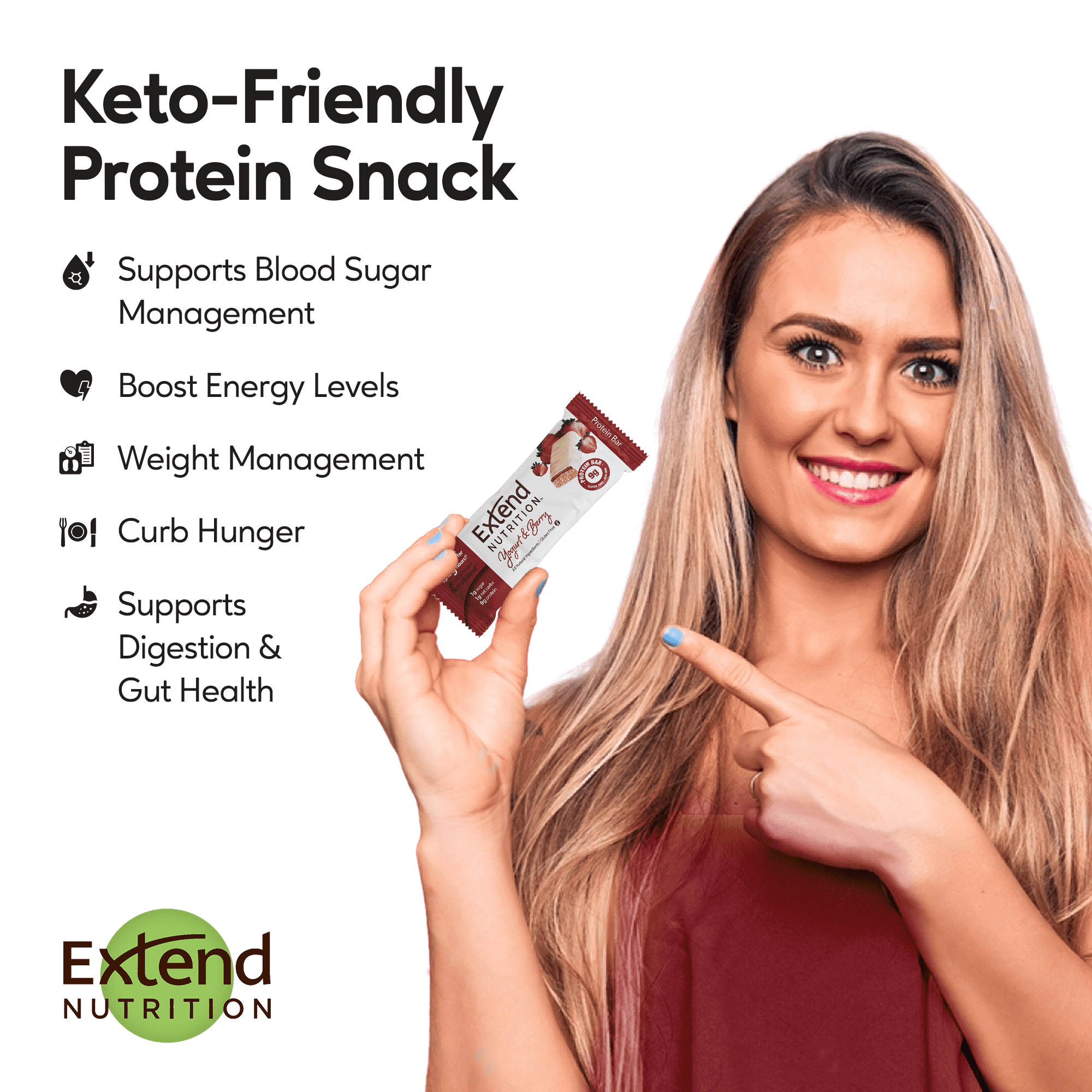 Extend Nutrition Protein Bar, Low Carb, Gluten Free Snacks, Yogurt & Berry, 12 Count