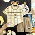 thumbnail image 2 of Ulanda Kids Toddler Boy Clothes Outfits Bear Print Tee + Plaid Shorts 2 Pieces Summer Shorts Set (Khaki, 3-4 Years), 2 of 4
