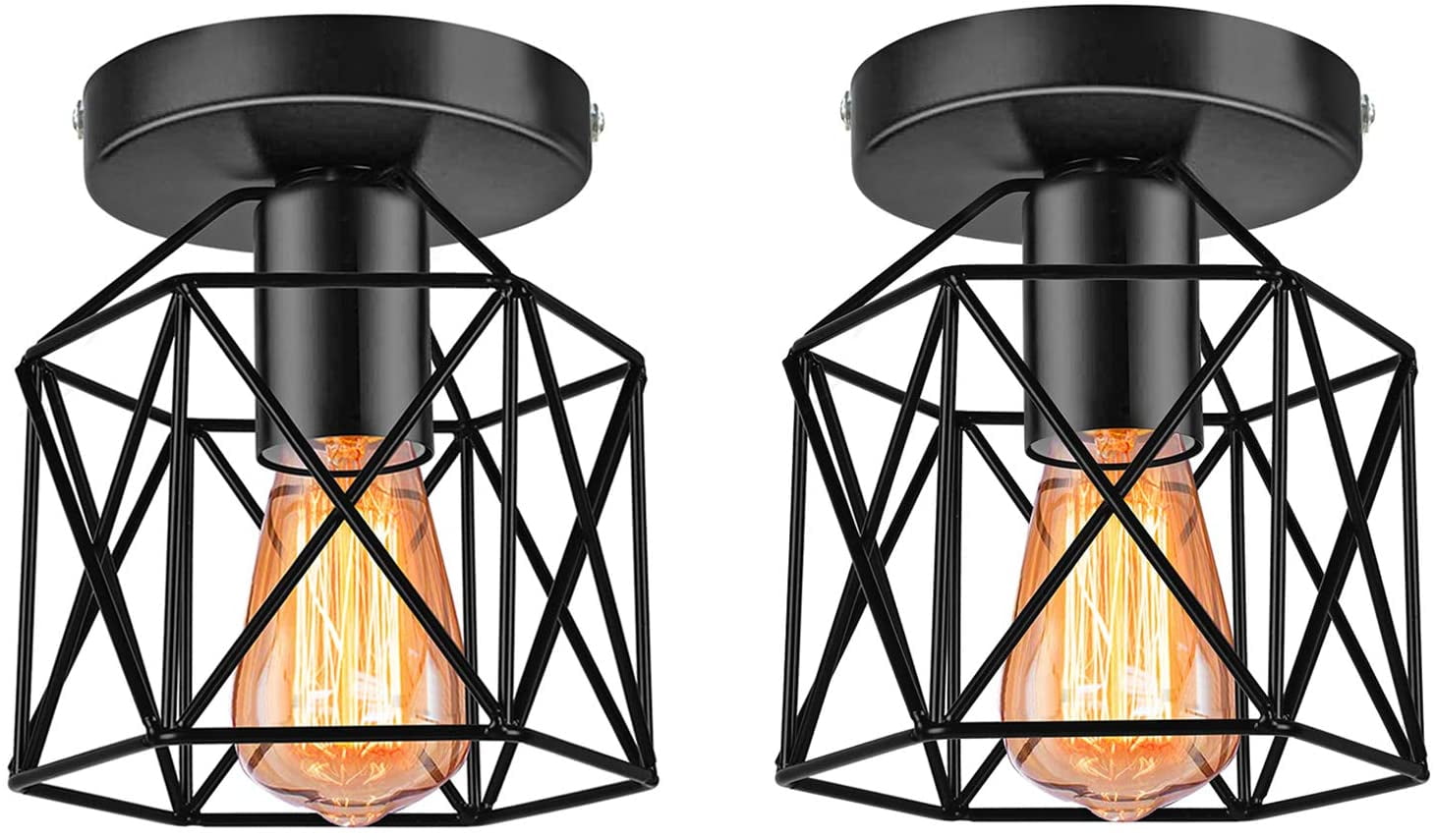 Industrial Ceiling Light Fixture 2 Pack, E26 Vintage Metal Semi Flush