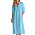thumbnail image 2 of SETOOFF Women Ruffled V Neck Midi Dress Puff 3/4 Sleeve Loose Shift Dress Casual Side Pockets Vacation Travel Outfits, 2 of 7