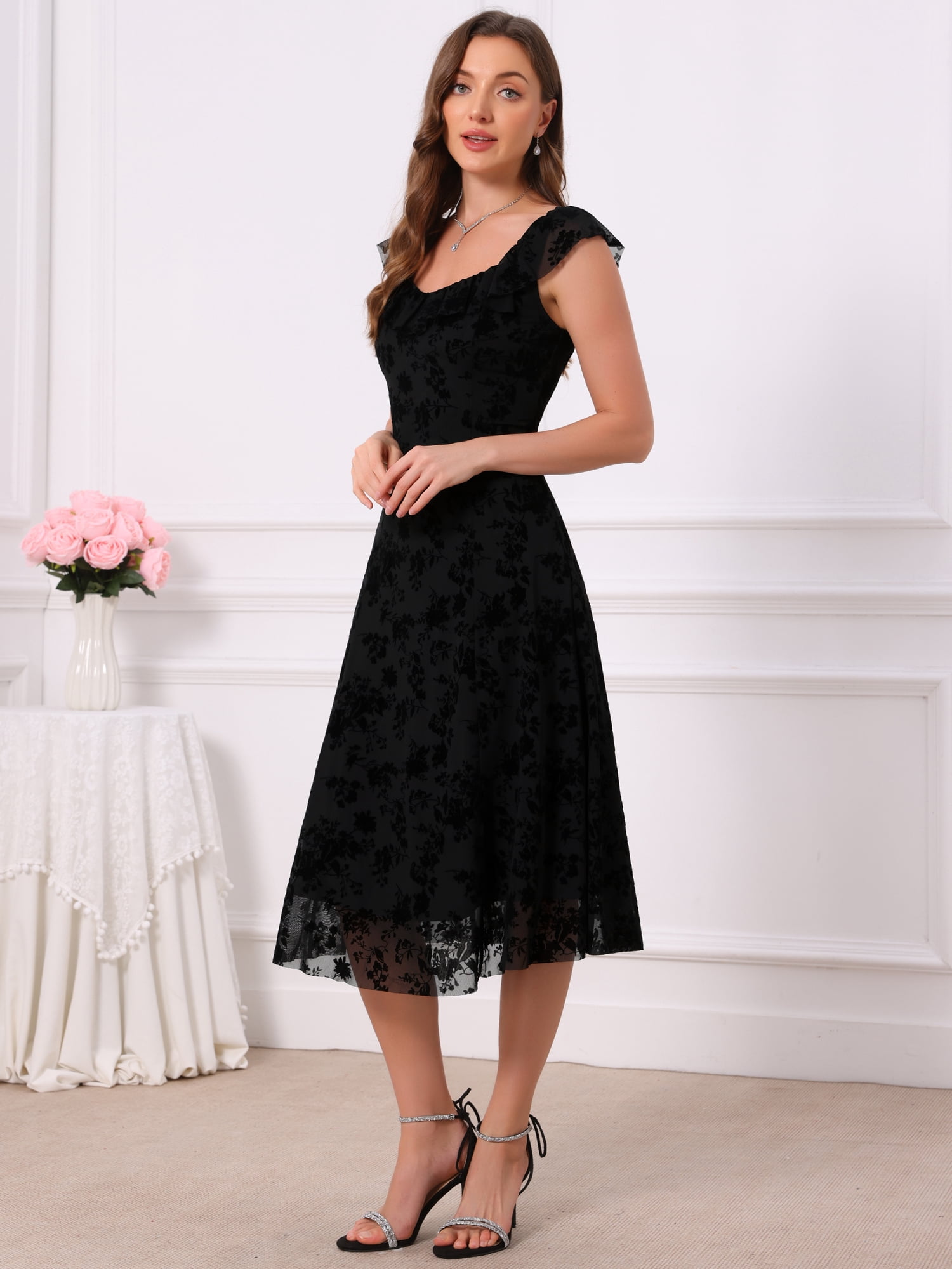 DARING DIVA Women's Gothic Sweetheart Neck Sleeveless Floral Dress 2XL Black
