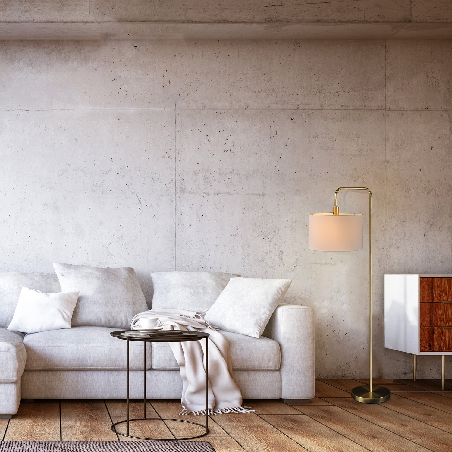 58" Brass Floor Lamp with White Linen Shade, On/Off Rotary Switch on Socket, Home Office Accessories
