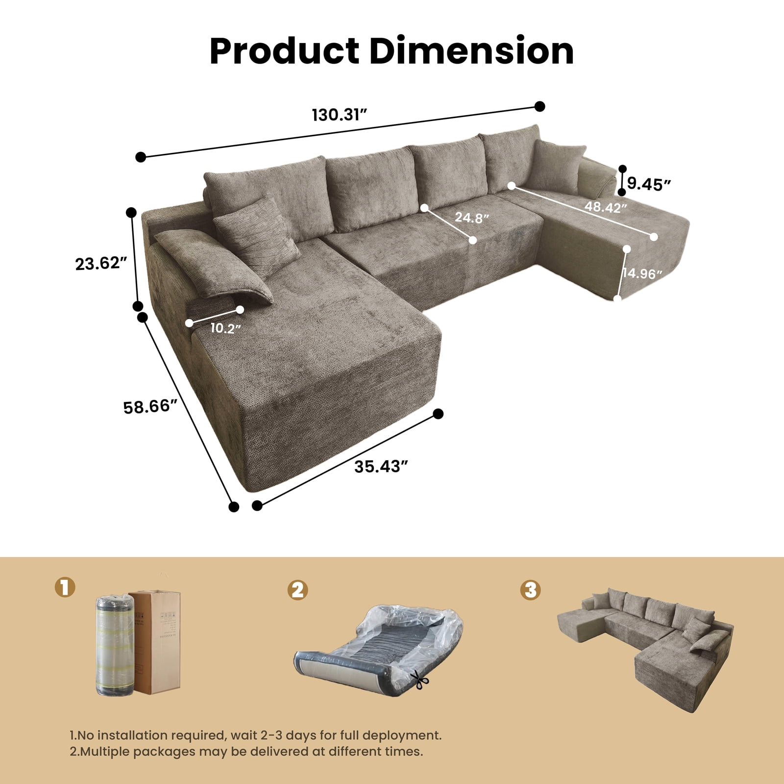 Kelyda 130'' Boneless Sectional Couch, Modern Chenille U Shaped Modular Cloud for Living Room Camel