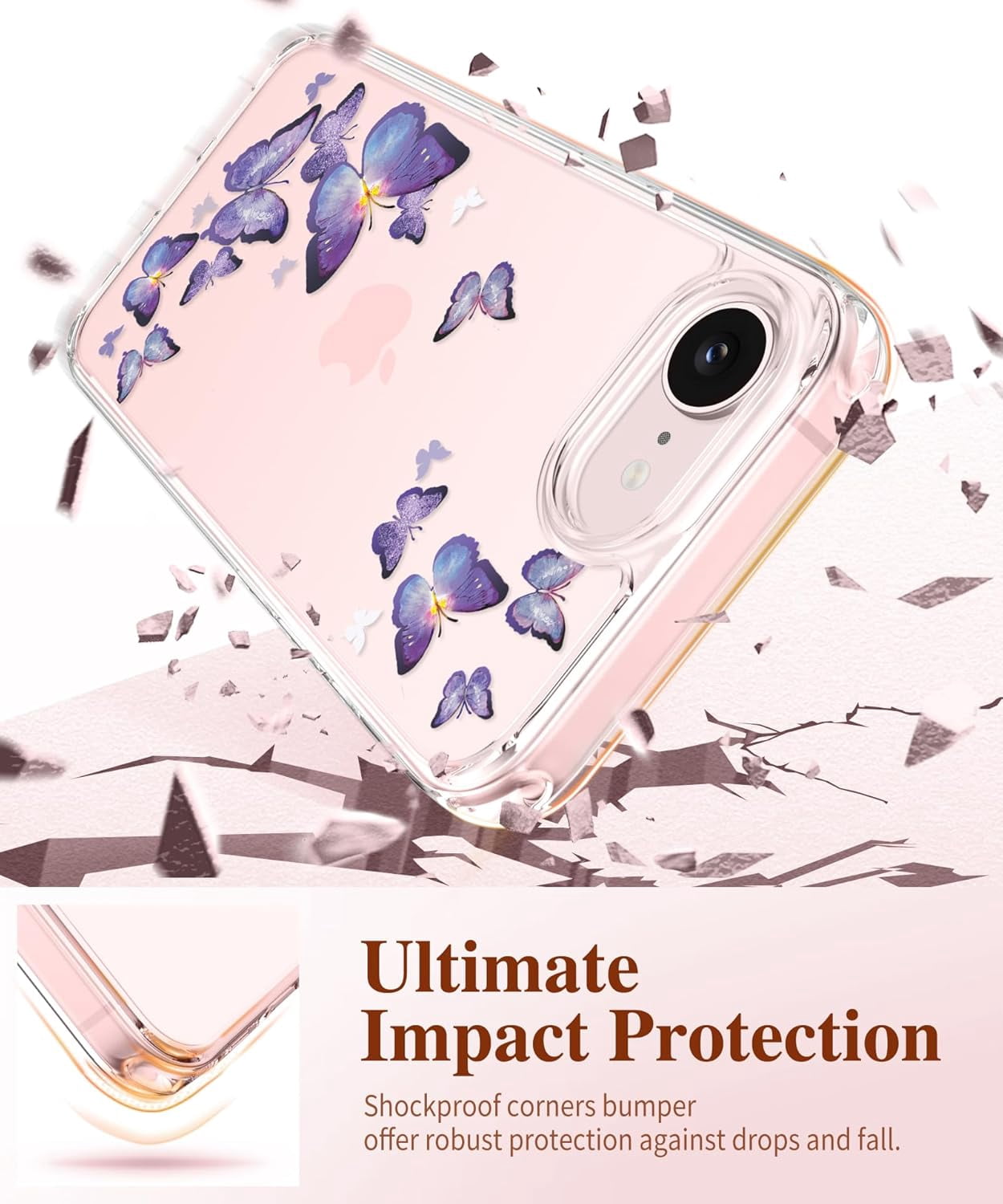 for iPhone 17e Case & iPhone 16e Case, [Non-Yellowing][Military-Grade Protection] Hard PC&TPU Bumper, Floral Shockproof Protective Clear Phone Case (Alluring Butterfly)