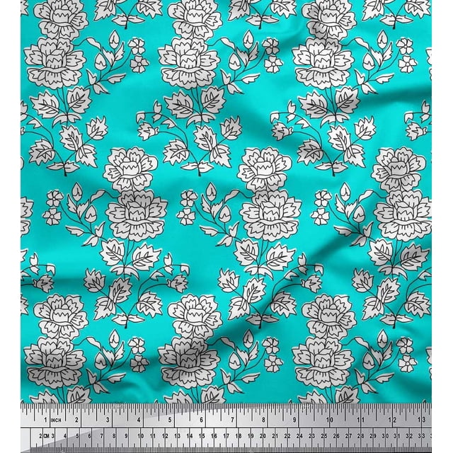 Soimoi Polyester Crepe Fabric Leaves & Floral Block Printed Fabric 1 Yard 42 Inch Wide