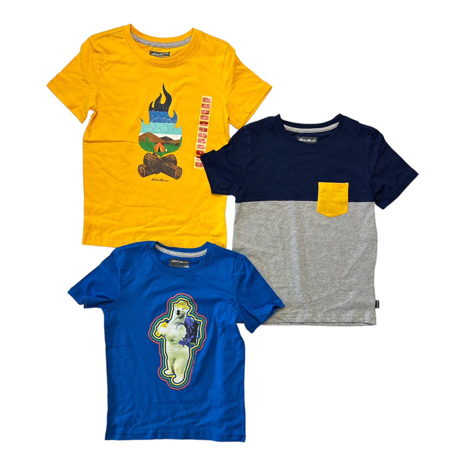 Eddie Bauer Boy's 3-Pack Graphic Print Crewneck Short Sleeve T-Shirts (Yellow/Blue/Grey, S (6/7)) Walmart.com