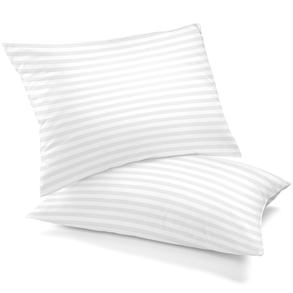 Luxury Bed Pillows King Size Set of 2 White Cotton Stripe Polyester