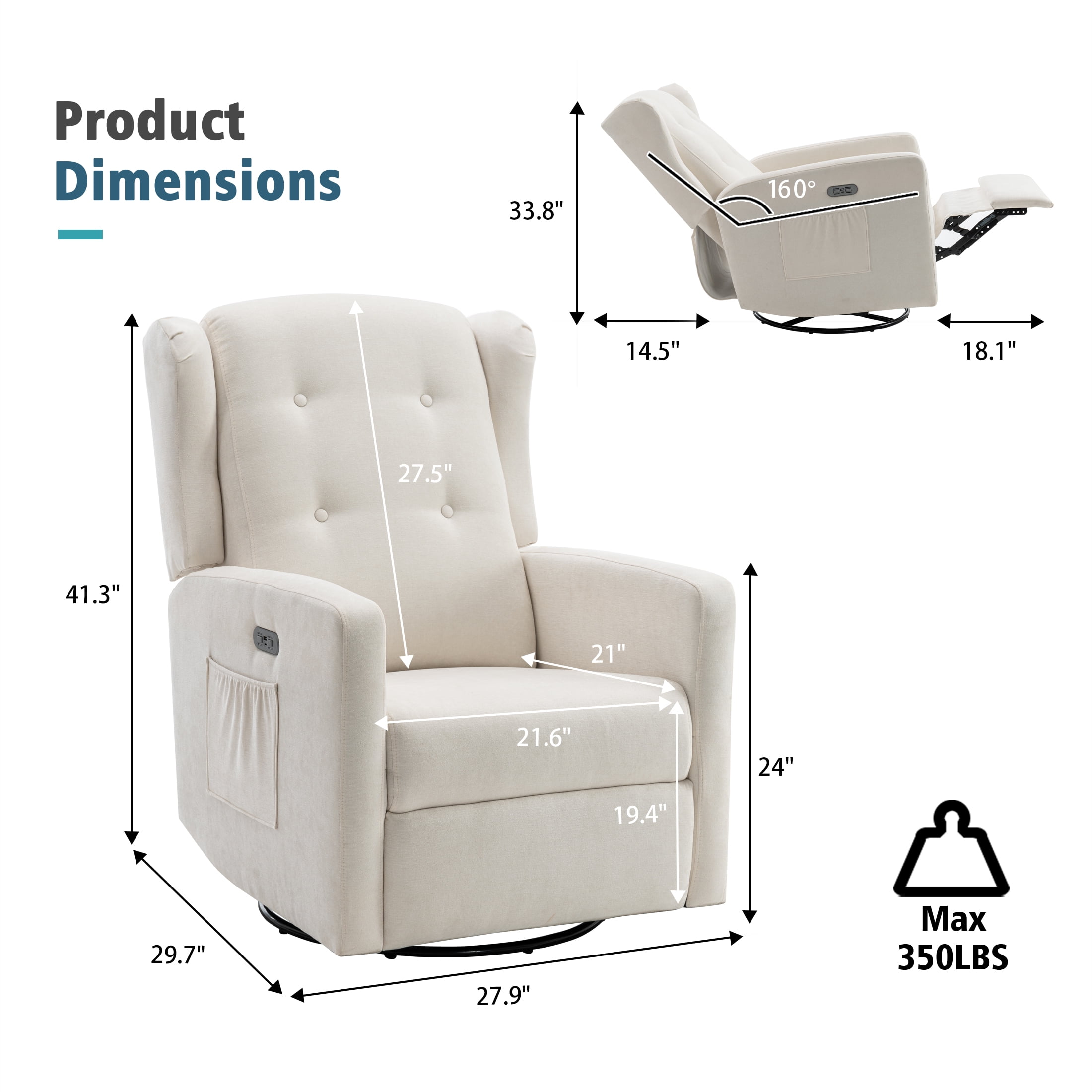 Power Swivel Rocking Recliner Chair, Electric Rocker Nursery Glider Chair, USB and Type-C Ports, Upholstered Fabric Reclining Single Sofa Chair for Living Room (Beige)