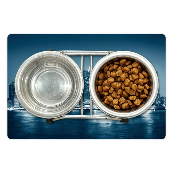 City Pet Mat for Food and Water, Gloomy Skyscrapers View of New York America, Non-Slip Rubber Mat for Dogs and Cats, 18" X 12", by Ambesonne