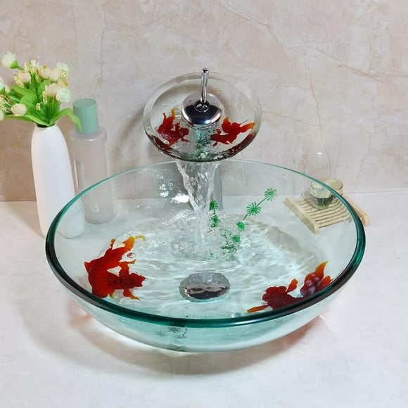 HM HomeMieco Clear Bathroom Sink Hand Painting Gold Fish Tempered Glass Vessel Sink Basin with Waterfall Faucet and Drain Combo,16"Round Glass Bowl Sink Above Counter Clear Bathroom Vessel Sink Set