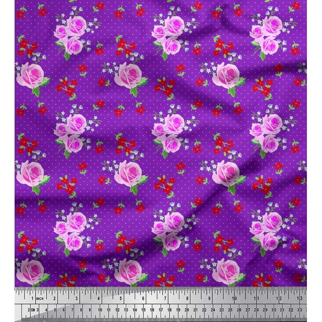 Soimoi Tissu Popeline de Coton à Pois, Feuilles & Roses Imprimés Floraux au Mètre 56 Pouces de Large