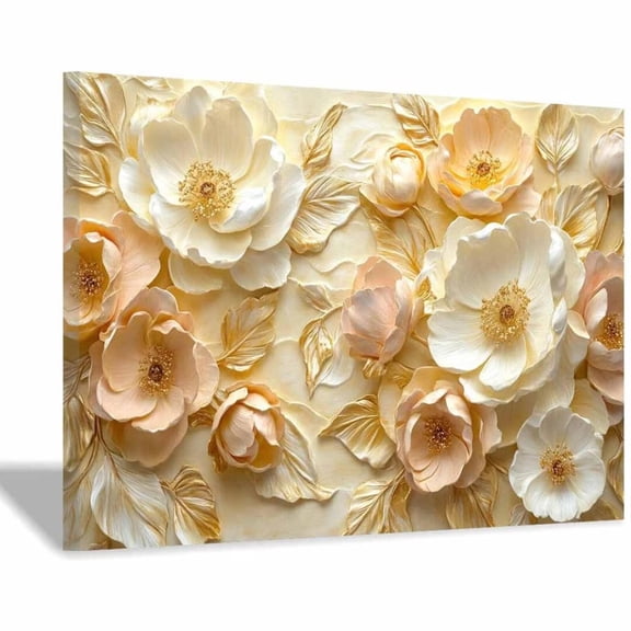 Mudket Champagne White Flower with Gold Accents Canvas Wall Art, Framed Floral Print, Ready to Hang Wall Decor for Living Room Bedroom, Luxury Artwork - 12"L x 8"W