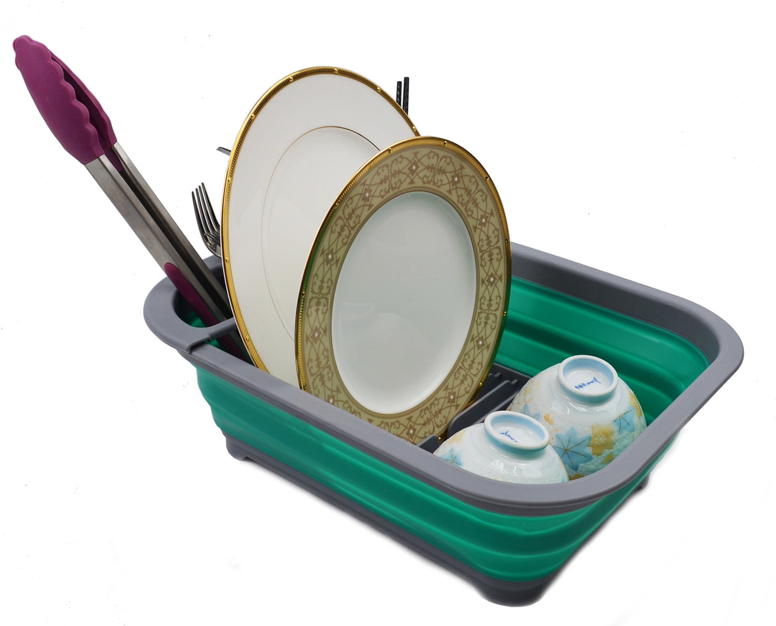 SAMMART Collapsible Dish Drainer - Foldable Drying Rack Set - Portable Dinnerware Organizer - Space Saving (1, Dark Grey/Bluish-Green