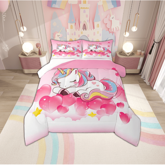 jejeloiu Rainbow Kawaii Unicorn Bedding Comforter Set,Magic Animal Twin Comforter Sets,Pink Heart Print Bedding Set For Children,Breathable Home Decor,2 Pieces