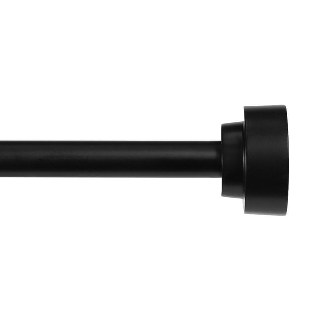 Black adjustable metal curtain rod with a half-inch diameter and cylindrical end cap fitting sizes 28-48 inches.