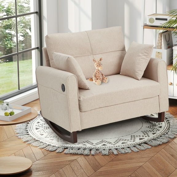 Rocking Chair, Upholstered Nursery Rocking Chair with High Back and Side Pocket USB Port, Double Wide Rocker Glider Chairs with Wood Legs for Living Room, Bedroom, Nursery, Gray