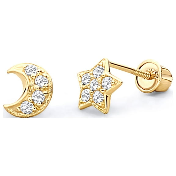 Wellingsale 14K Yellow Gold Polished Star & Moon Stud Earrings With Screw Back