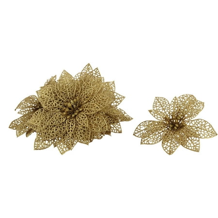 Festival Christmas Tree Artificial Glitter Ornaments Flower Gold Tone 10 PCS