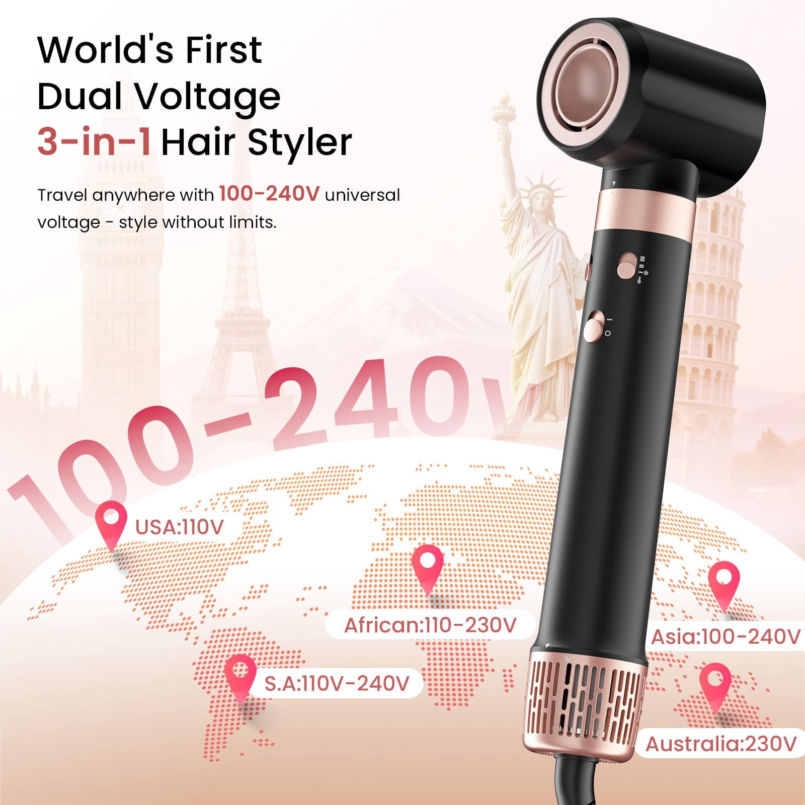 3 in 1 Dual Voltage Hot Hair Styler High Speed Hair Dryer Long Barrel Air Styler Travel Ionic Frizz Control Fast Drying Auto Wrap Curling with Travel Case Gifts for Women
