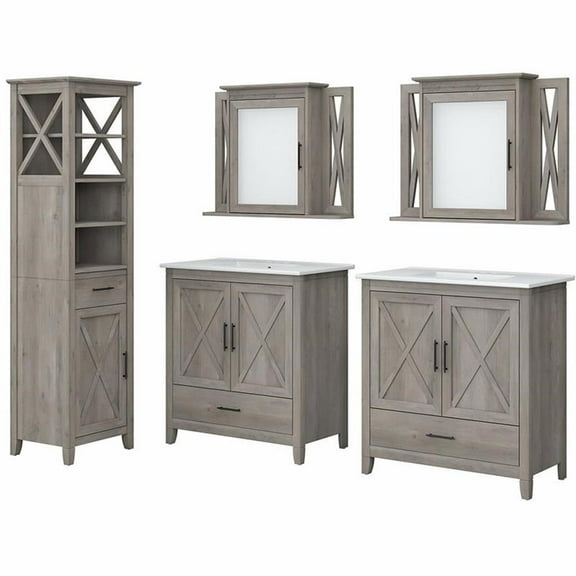 Pemberly Row Engineered Wood Vanity Set with Linen Tower in Driftwood Gray